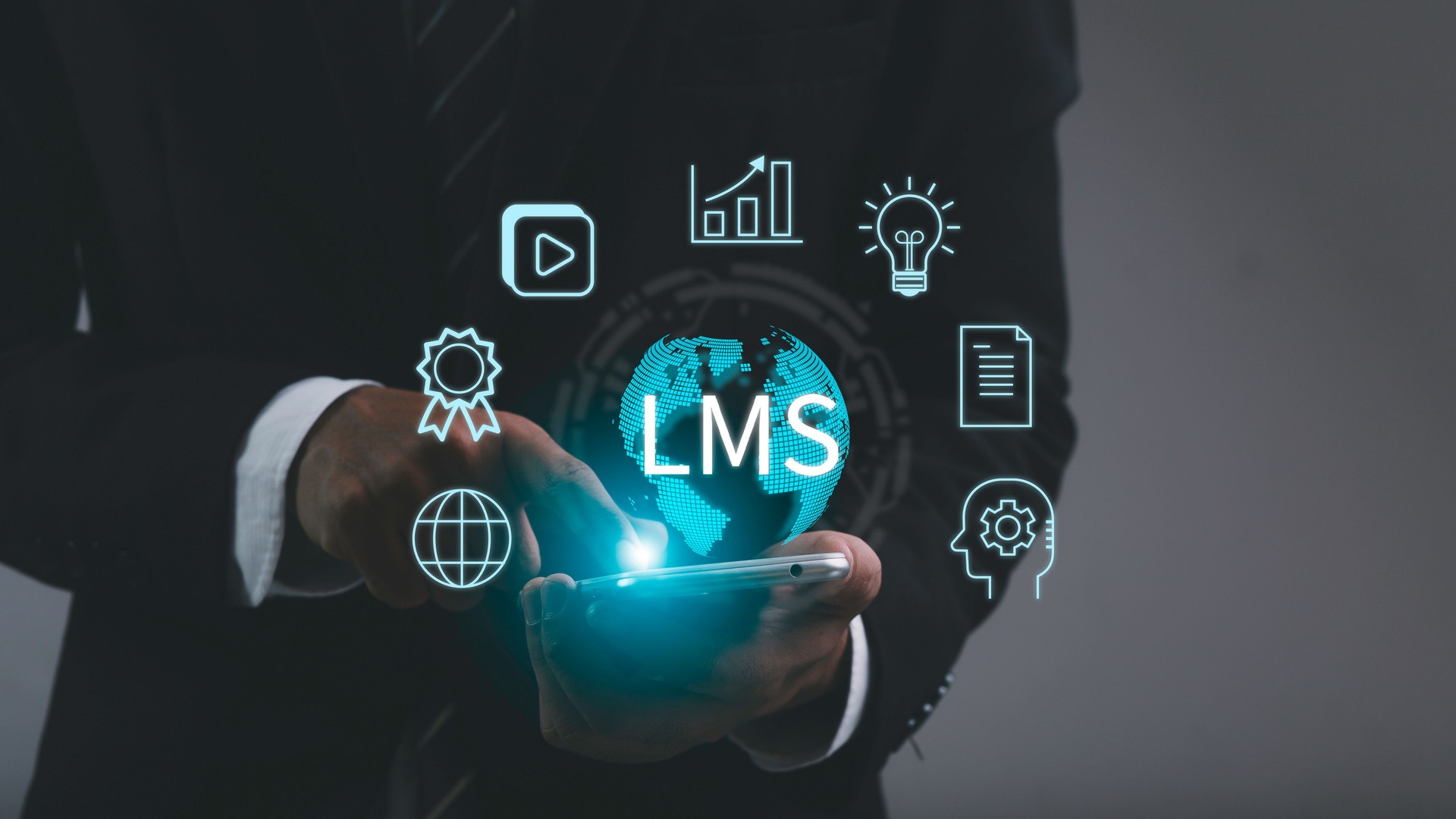 Word LMS with Learning Management System related icons. Learning management system concept for lessons and education online, course, application, education, learning, knowledge anywhere and anytime.